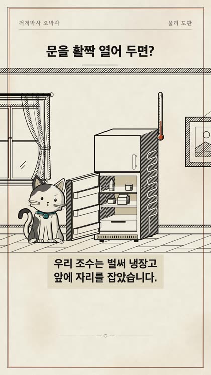 개편 후: 창문과 액자가 있는 방에 문이 열린 냉장고와 슈고가 있는 장면