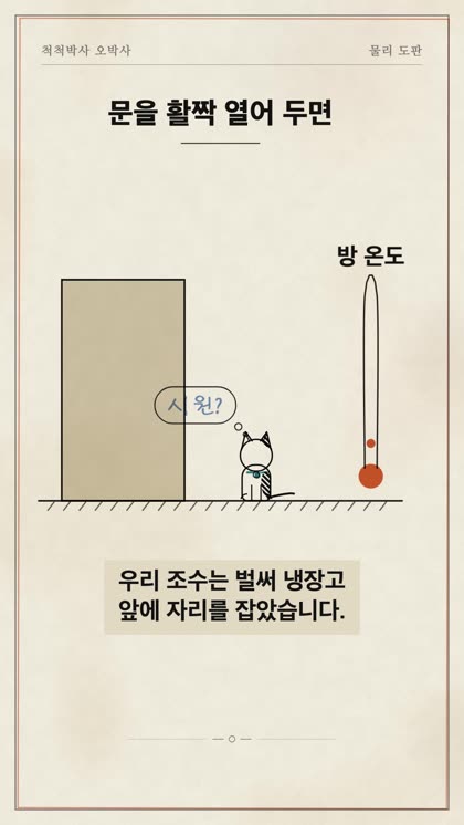 개편 전: 빈 화면에 네모난 냉장고와 작은 고양이만 있는 장면