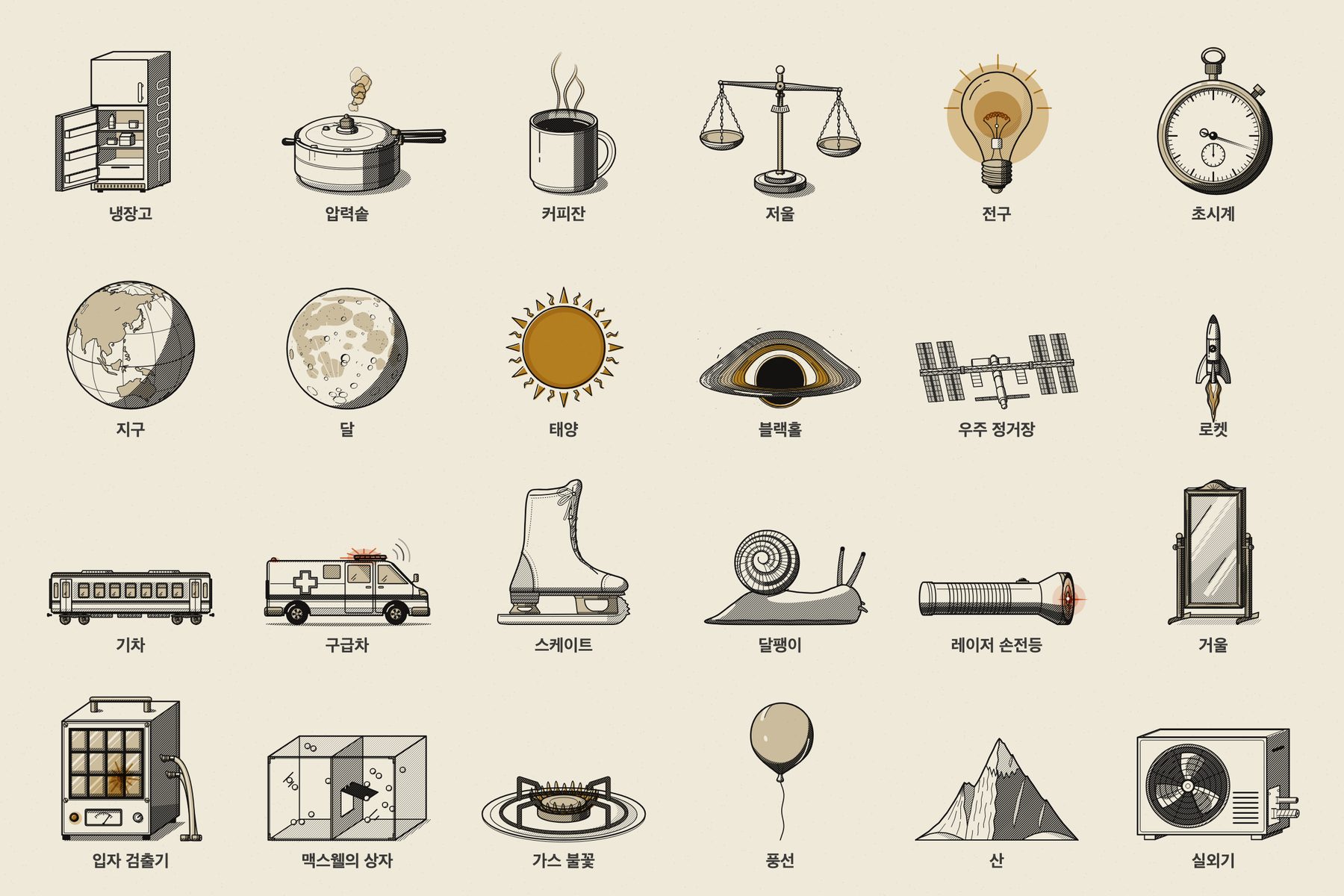 냉장고, 압력솥, 커피잔, 저울, 전구, 초시계, 지구, 달, 태양, 블랙홀, 우주 정거장, 로켓, 기차, 구급차, 스케이트, 달팽이, 레이저 손전등, 거울, 입자 검출기, 맥스웰의 상자, 가스 불꽃, 풍선, 산, 실외기를 판화 풍으로 그린 도판