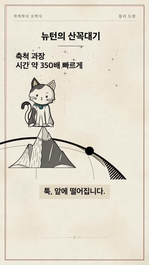 산꼭대기에 앉은 슈고 옆으로 공이 지구 곡면을 따라 날아가고, 왼쪽 위에 '축척 과장, 시간 약 350배 빠르게'라고 적힌 장면