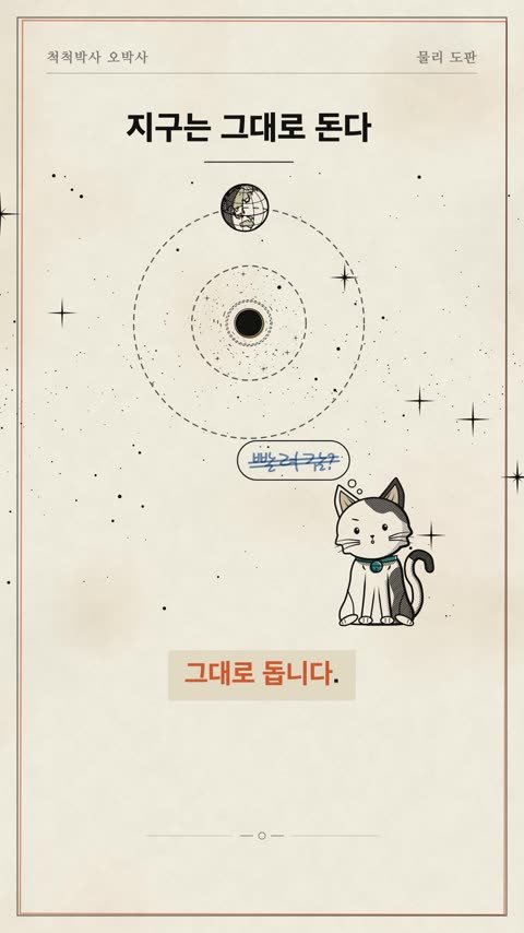 블랙홀 둘레를 지구가 그대로 돌고, 슈고의 생각 풍선 '빨려 감?'에 줄이 그어진 채 자막에 '그대로 돕니다'라고 적힌 장면