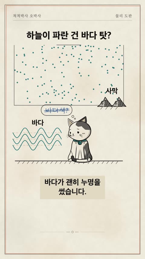 슈고의 생각 풍선 '바다 색?'에 줄이 그어져 있고 자막에 '바다가 괜히 누명을 썼습니다'라고 적힌 장면