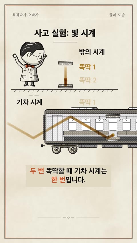 기차 안의 빛 시계와 밖의 시계를 비교하는 장면